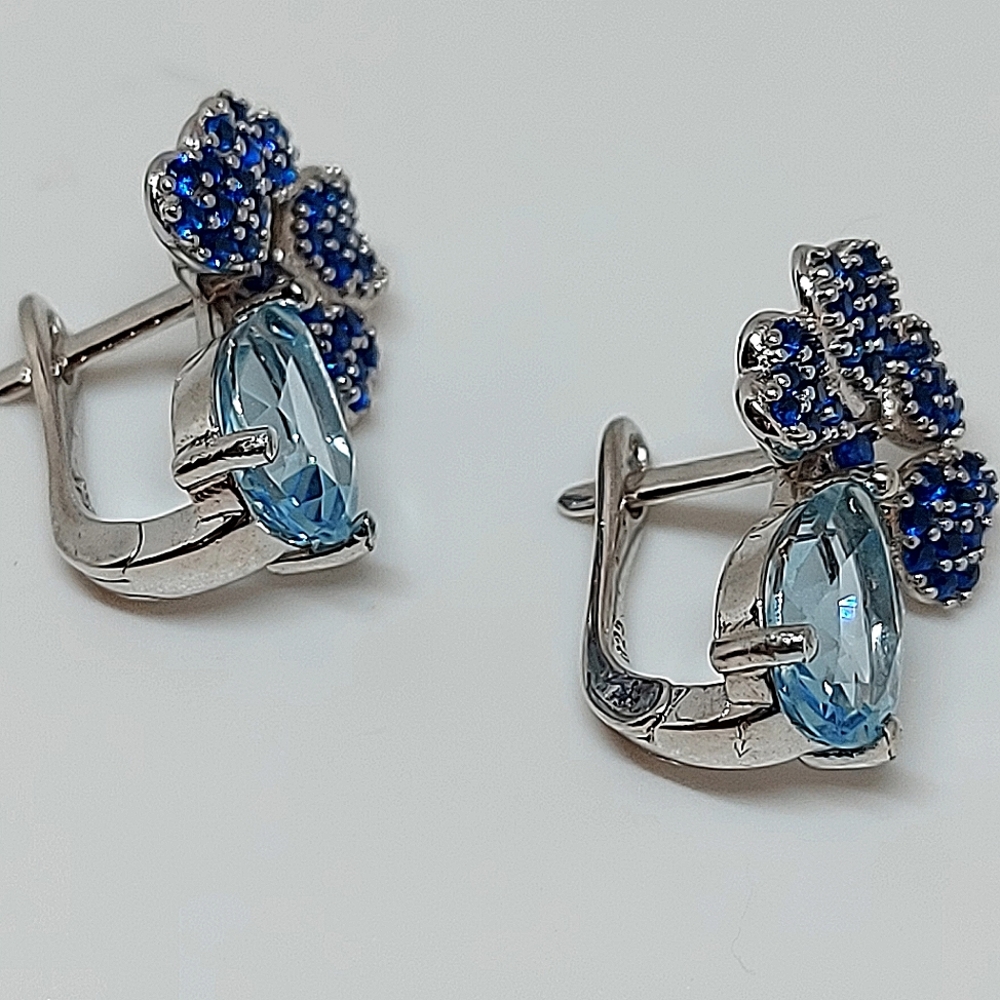Natural Topaz & Cz 14K White 925 Sterling Silver Earrings‎ - Picture 4 of 6